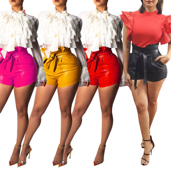 Plus Size Sexy PU Leather Shorts 2018 Women Sashes High Waist Bandage Bodycon Shorts Autumn Winter Pockets Club Party Bottoms