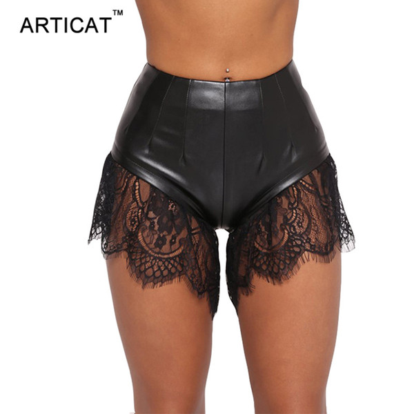 Articat Sexy Lace Patchwork PU Leather Shorts Women Autumn Vintage High Waist Skinny Shorts Feminino Nigh Club Short Pants Femm