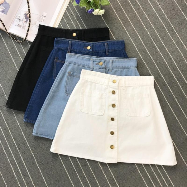 On sale 2019 summer Womens ladies A-line Jeans short Skirt Button High Waist Denim pockets Skirt harajuku mini high quality jean