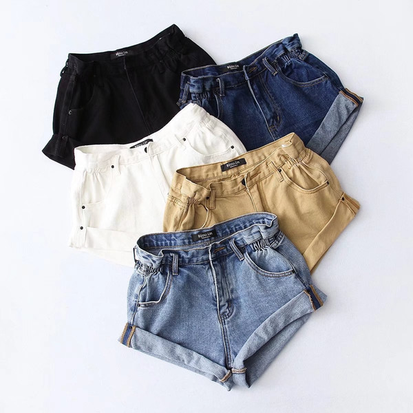 Women's Jeans Denim Shorts Women Roll Wide Leg Pants Summer Womens Elastic Waist Cuffs High Waist Jeans 2019 Asian Size