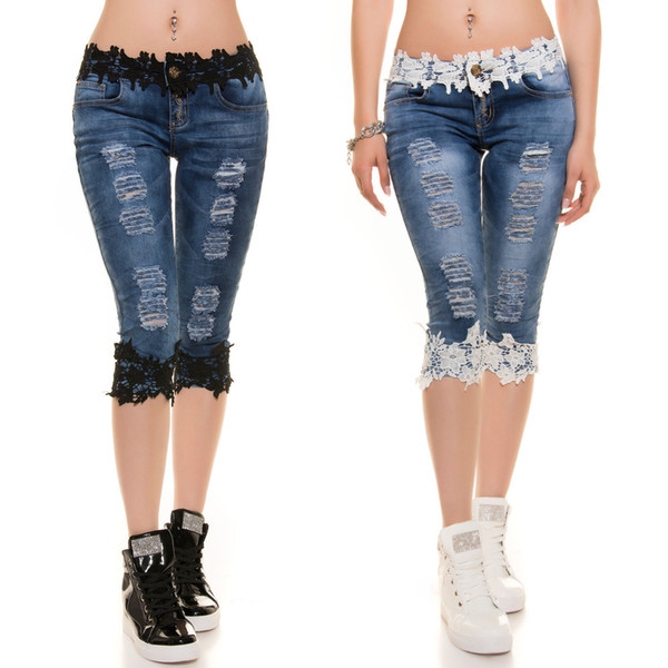 Women Jean Shorts Summer Ripped Lace Trim Design Skinny Denim Capris Shorts Fashion Pants Holes