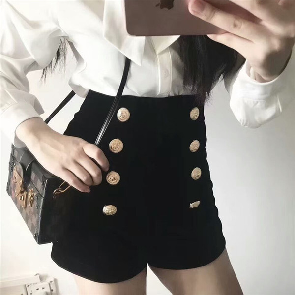 New design fashion women's sexy high waist velvet gold color buttons double breasted shorts boot cut short pants SMLXL