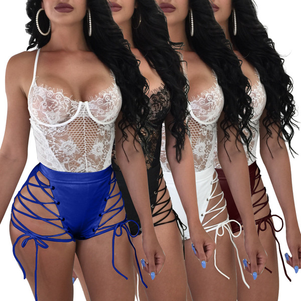 2018 Hot Lace Up High Waist Shorts Hollow Out Bandage Shorts Feminino Women Shorts Club Party PU Leather Sexy Short Pants