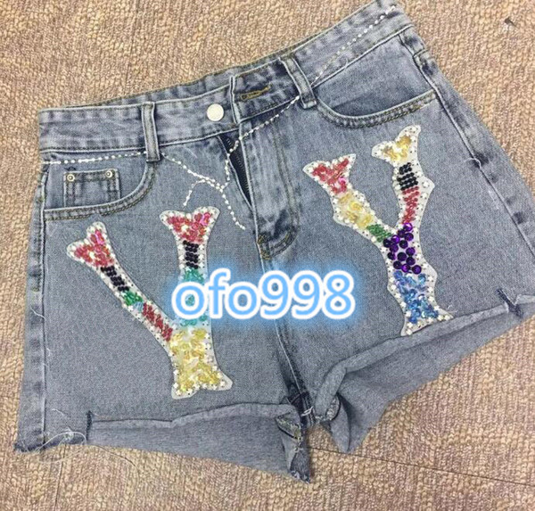 High end women girls broken jeans shortswith letter Sequin Rhinestone patch letter print Casual shorts Joggers casual pants