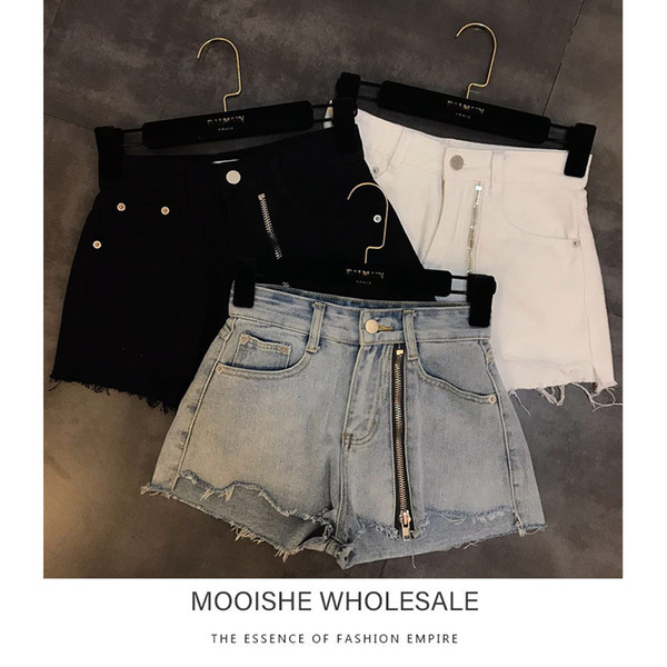 Cut Hems Zipper Front Denim Shorts Women High Waist Vintage Black White Blue Short Jeans Y190429