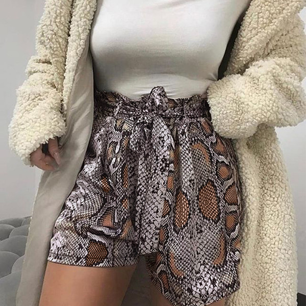 Womens Serpentine Print Casual High Waist Loose Shorts For Female Spring Summer Hot Fashion Bandage Short Trousers XL