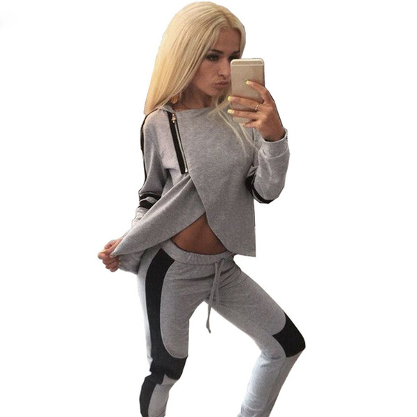 wholesale Fashion Zipper Split Hooded Tops+ Pants Suit Women Casual Sport Suit O-Neck Tracksuit 2 Piece Set Moletom Feminino S-XL