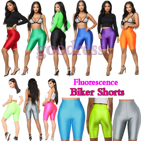 Glossy Fluorescence Biker Shorts women Summer Tracksuit High Waist Slim elastic Streetwear fashion Satin Neon Bodycon Short Pants leggings