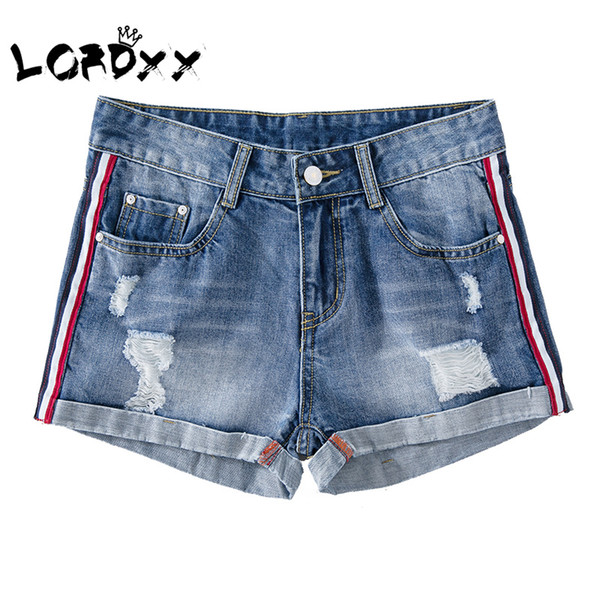 LORDXX Blue Denim Shorts Women 2019 Summer Casual Basic Blue Shorts Ripped Jeans short Side Strip Shorts for women