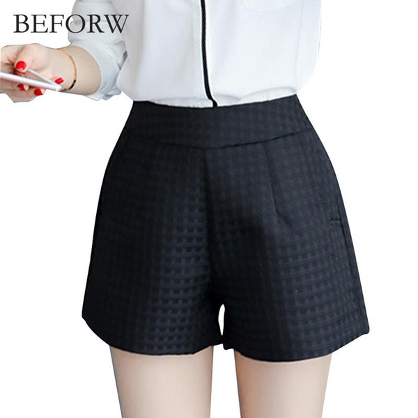 Wholesale- BEFORW Women Fashion High Waist Shorts Womens Big Size Wild Lattice Black White Shorts 2017 Summer Casual Loose Ruffle Shorts