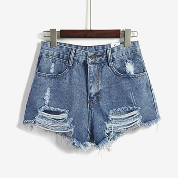 Wholesale-Summer Female High Waist Denim Shorts Women Worn Loose Burr Hole Shorts S-L