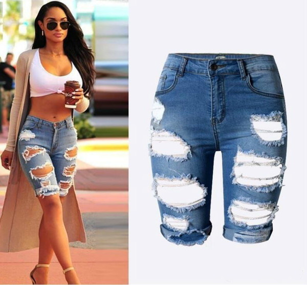 Women Blue Elastic Hole Leggings Short Pants Harajuku Style Casual Street Style Denim Shorts Ripped Boyfriend Jeans