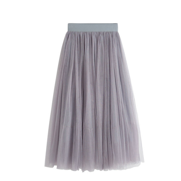 2017 New Summer Tulle Skirts Womens Black Gray White Adult Tulle Skirt Elastic High Waist Pleated Midi Skirt