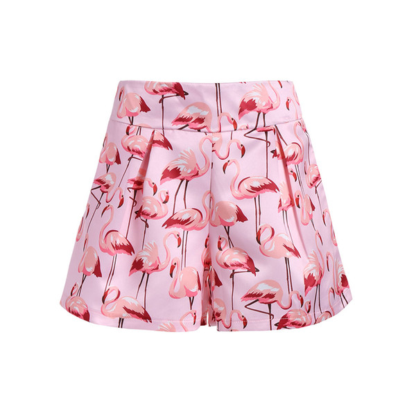 Summer Women Wide Leg Shorts High Waist Flamingo Printed Pockets Girl Casual Shorts IK88