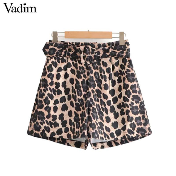 Vadim women leopard animal print shorts bow tie belt pockets zipper fly pleated wild style casual sexy pantalones cortos SA064