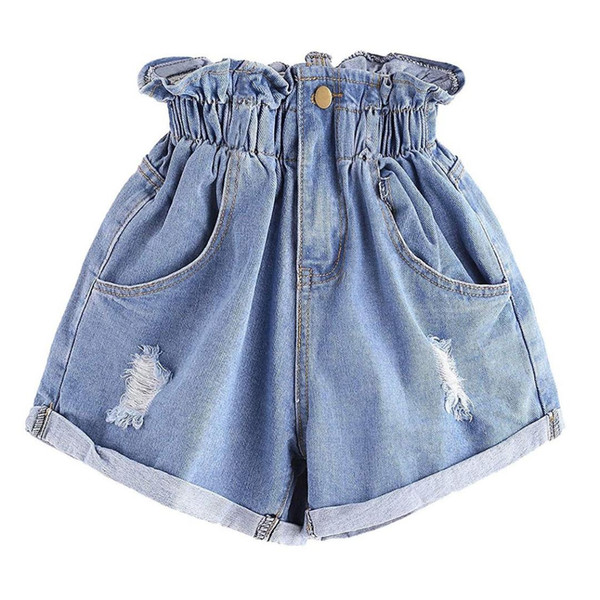 Summer High Waist Denim Shorts Ruffles Women Casual Loose Ladies Fashion Elastic Waist Blue Female Jeans