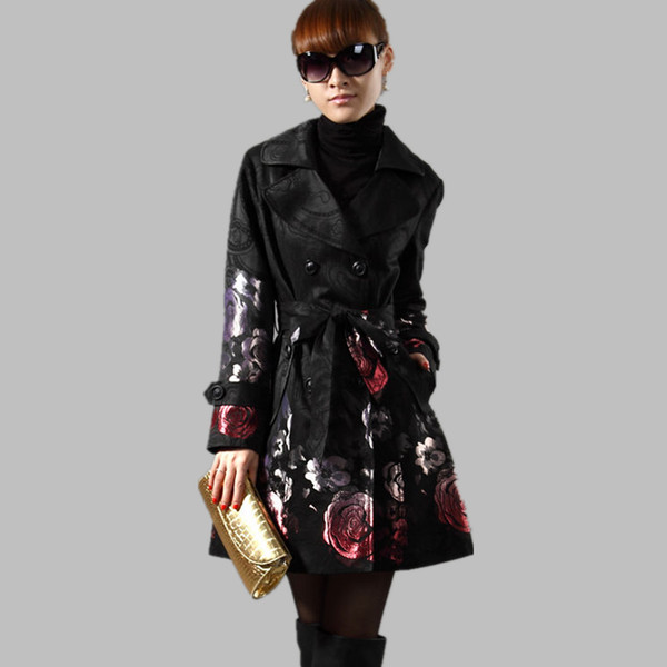 New Spring Autumn Women's Floral Trench Long Outerwear Plus Size Rose Jacquard Double Breasted Slim Trench Coat Female