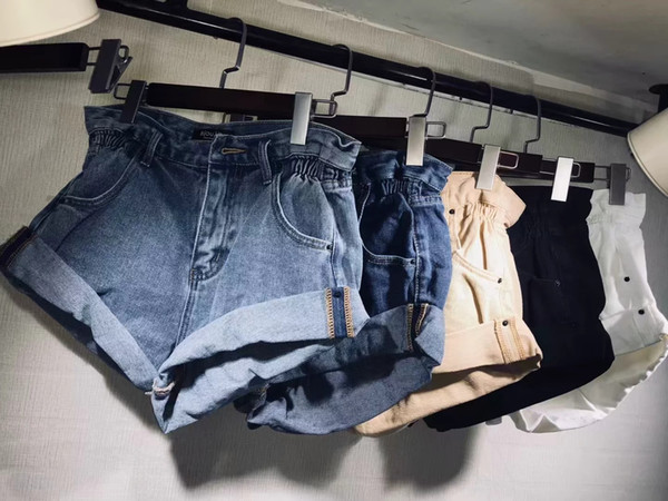 Women's Jeans Denim Shorts Women Roll Wide Leg Pants Summer Womens Elastic Waist Cuffs High Waist Jeans 2019 Asian Size 5 Colors