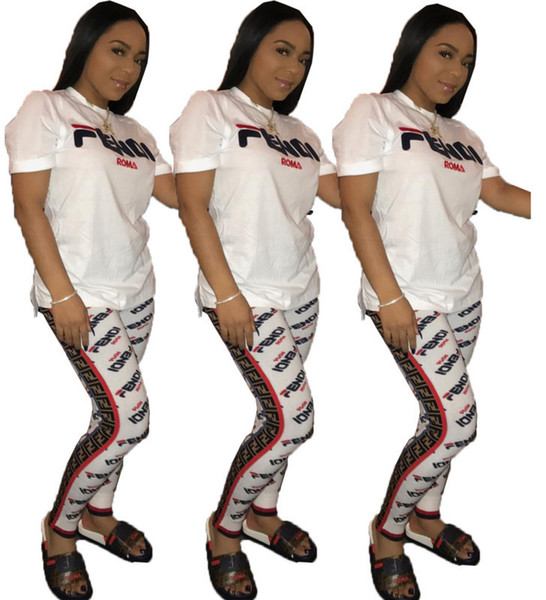 Women Tracksuit F Letter Print Short Sleeve Top + Pants 2pcs Sets Nightclub Fashion Ladies Two Piece Outfits Jogging Suits 8227