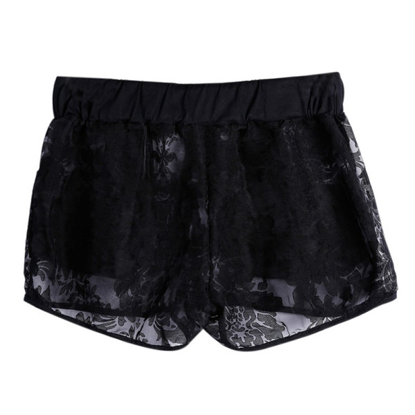 Wholesale- Summer Women's Drawstring Shorts Sexy Lace Sheer Hollow Out Elastic Shorts