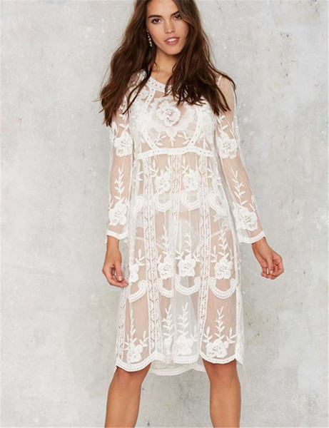 Unique design loose beach dress summer style brand new white lace dress long sleeve knee length swimsuit cover up