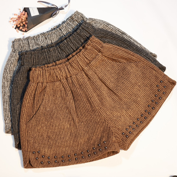 Woolen shorts autumn winter new fashion high waist wide leg casual loose A-line beading shorts women