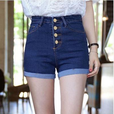 Women 4 Buttons Elastic High Waist Shorts Fashion Feminino Denim Shorts for Women Loose Cuffs Straight Blue Short Jeans