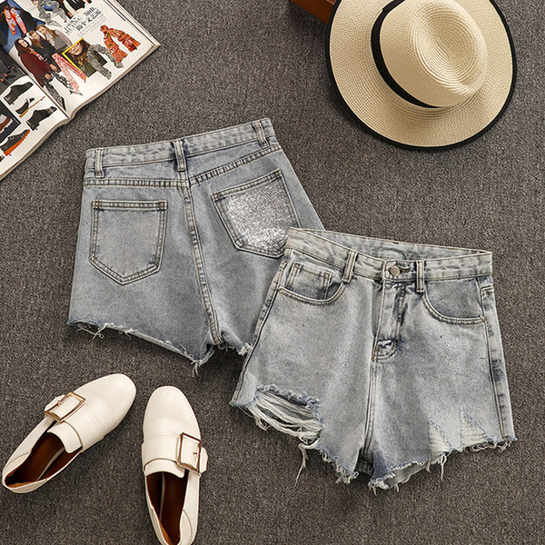 2019 Summer New Arrival Loose High-waisted-denim-shorts Slim Rippled Holes Sexy Shorts With One Colorful Pocket Free Shipping