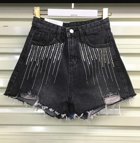 Hot drilling hole denim shorts women 2019 new summer Korean loose high waist loose wide leg shorts hot q348