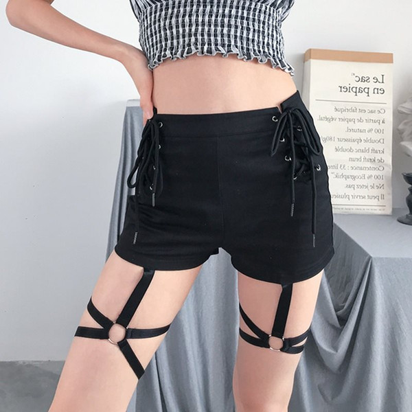 High Waist Shorts Women Sexy Hollow Gothic Trend Streetwear Lace Up Black Slim Hotshorts Cool Fitness Casual Summer Shorts Girl