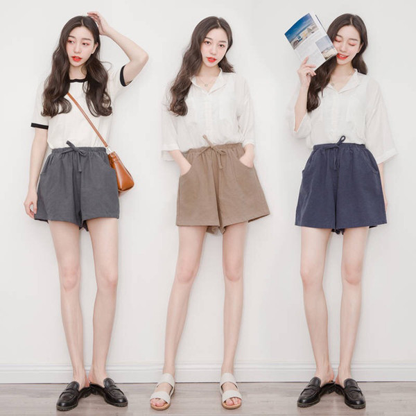 Short Pants Female Summer Shorts New Cotton Linen Wide Leg Trousers Women Casual Loose Lace Up Elastic Waist Shorts