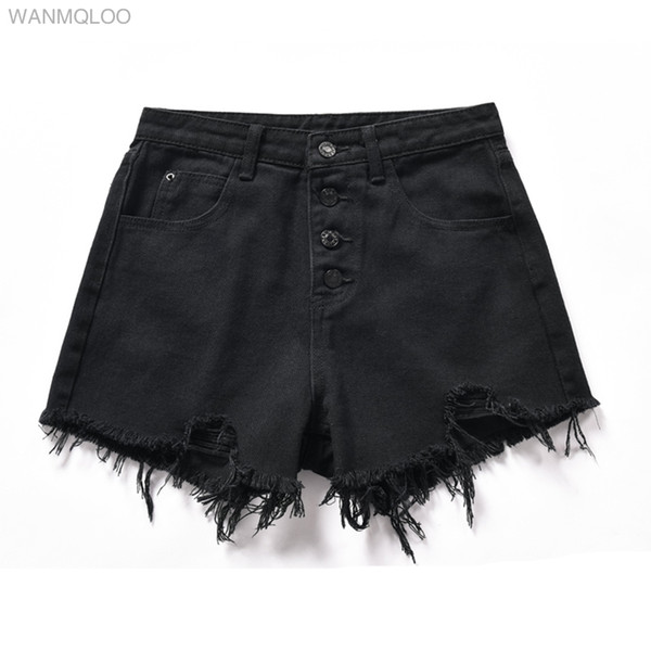 Korean Female High Waist Black Denim Shorts Hole Women Sexy Jeans Shorts Pockets Womens Clothes