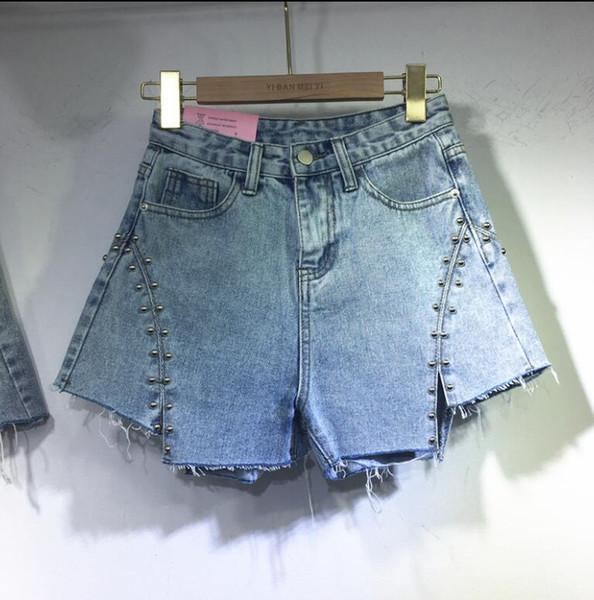 High waist denim shorts women Korean 2019 new summer fashion beaded asymmetrical burr split shorts jeans q345