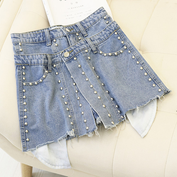 Jeans Short Skirt Summer 2019 New High Waist A-shaped Irregular Shorts Woman Heavy Work Rivet Short Jean Women Slim Denim Shorts