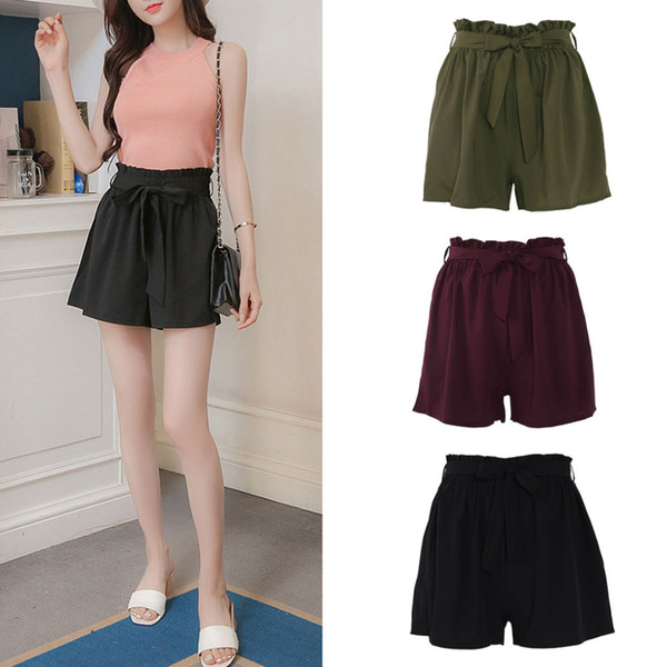 Women High Waist Shorts Women Sexy Smocked Belted Beach Summer Shorts Loose Elastic Waist Streetwear Wide Leg