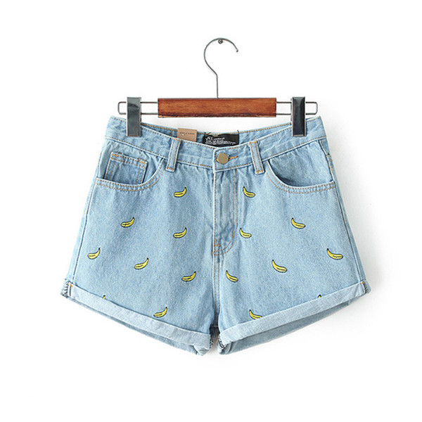 Korean version of the summer and banana flower embroidery cotton curling plus size casual female waist denim shorts