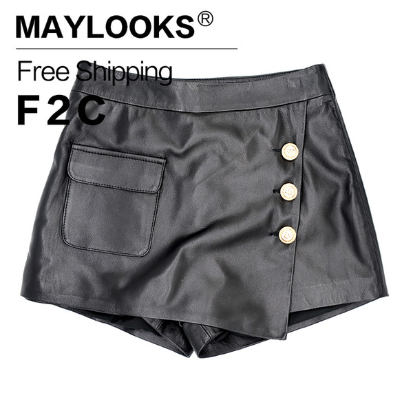 2018 Real New Arrival Shorts Jeans Maylooks Women Leather Short Skirts Genuine Casual Shorts With Button Sheepskin Sexy Le018