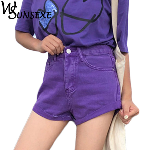 Fashion Purple Denim Shorts Women Casual Summer High Waist Short Pants New Solid Color Pockets Jeans Mini Shorts Female 