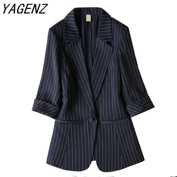 Fashion Lady Striped Suit Jacket Slim Seven-point sleeve Single buckle Outwear Large size Office Female Blazer Casual Tops 7XL