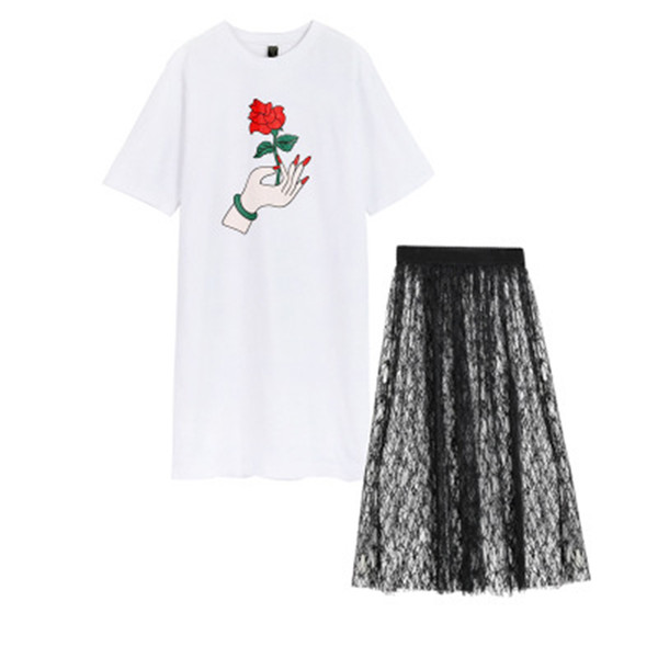 2018 Summer print loose long sleeve + lace transparent mesh skirt two sets
