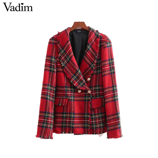 Vadim women plaid notched collar tweed blazer double breasted pockets tassel hem female loose casual outwear chic tops CA106