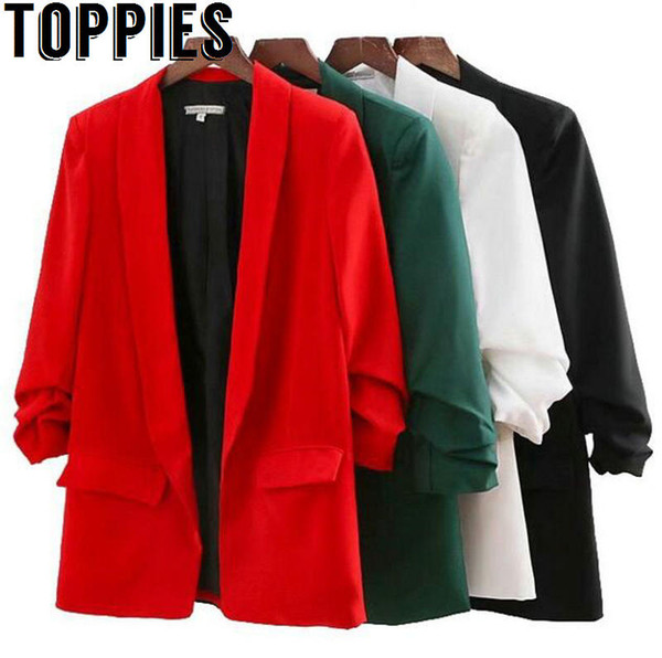 Toppies Women 2018 Women Solid Color Slim Blazer with Pocket Office Lady Elegant Three Quarter Sleeves Blazers