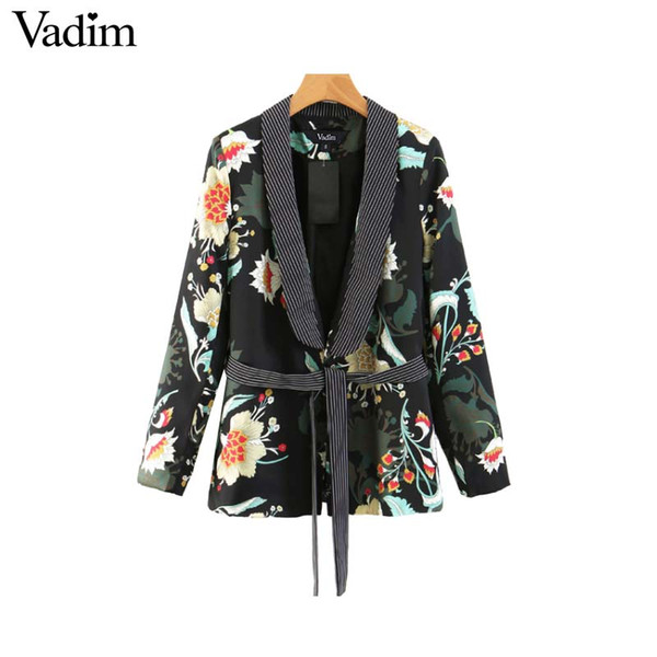 Vadim women striped collar floral blazer V neck bow tie sashes long sleeve retro coats chic outerwear casaco feminine tops CA218