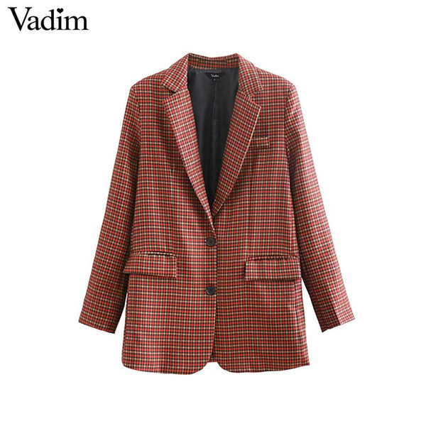 Vadim women fashion plaid blazer pockets long sleeve notched collar coats female casual office wear casaco feminine tops CA126