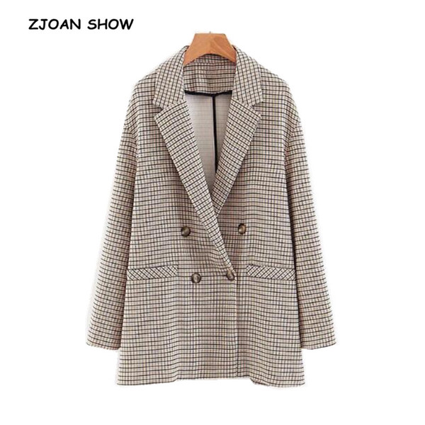 Retro Boyfriend Check Plaid Blazer Woman Notched Back Slit Single Pocket Double Breasted Suit Casual Jacket Loose Coat Outerwear