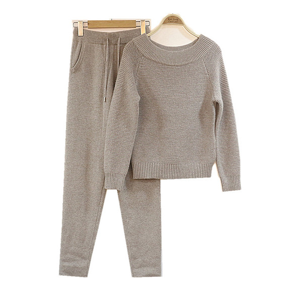 2017 winter Woolen and Cashmere Knitted warm Suit Slash neck Velvet Sweater + Mink Cashmere Trousers Leisure Two-piece wj1225