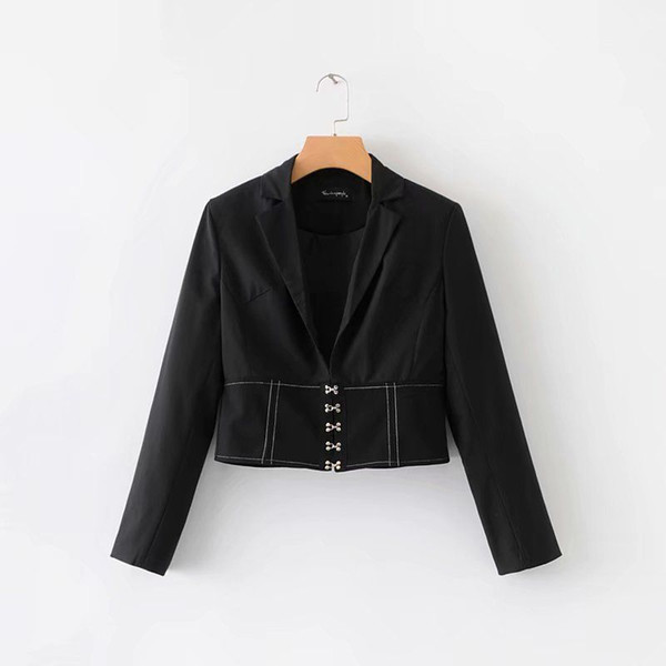 2019 Spring Suit Collar Long Sleeves Single Row Buckle Fashion Bright Line Pure Color Jacket Women's Blazers