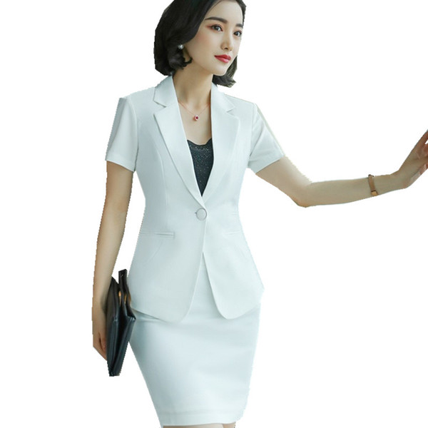 Fmasuth Summer Office Jacket Skirt Suit Short Sleeve Jacket Blazer+Formal Skirt 2 Pcs Set Women Work Suit HKE1833