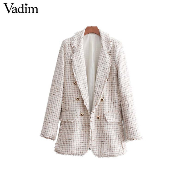 Vadim women stylish tweed plaid blazer pockets button decorate tassel long sleeve coat female office wear loose tops CA091