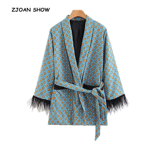 Retro Geometric Dot Print Sashes Waist Blazer Casual 2018 Woman Feather Tassel cuff Slim Fit Mid long Suit Jacket Coat Outerwear